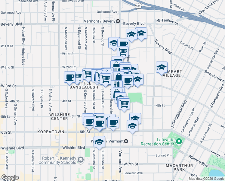 map of restaurants, bars, coffee shops, grocery stores, and more near 316 South New Hampshire Avenue in Los Angeles