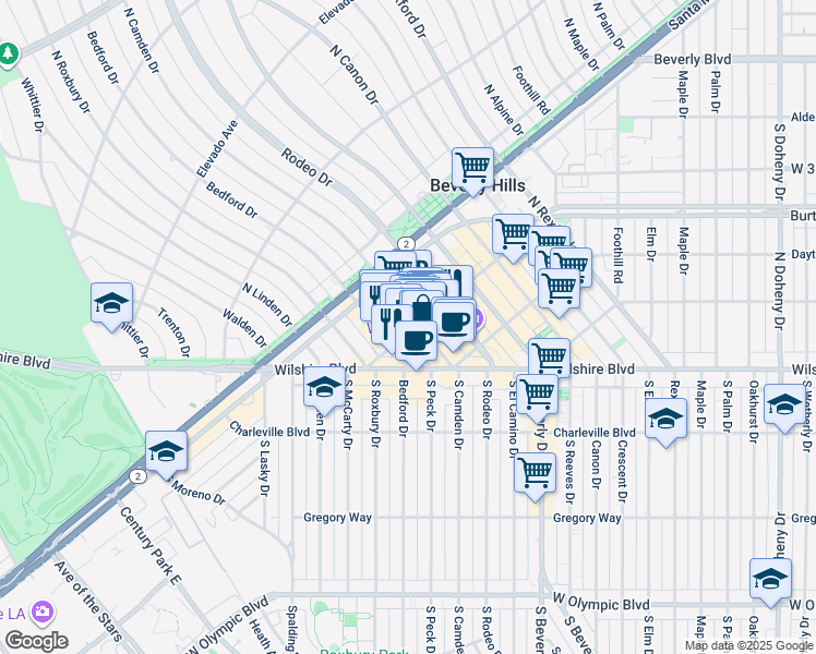 map of restaurants, bars, coffee shops, grocery stores, and more near 301 North Camden Drive in Beverly Hills