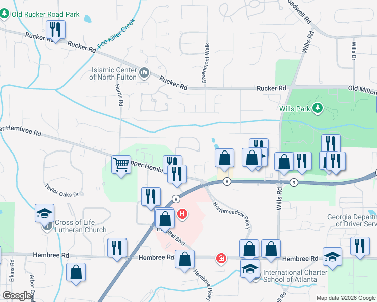 map of restaurants, bars, coffee shops, grocery stores, and more near 1372 Bellsmith Drive in Roswell