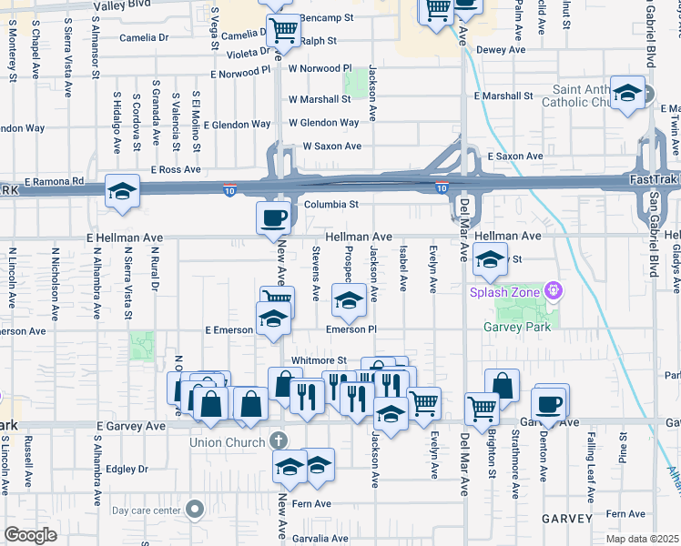 map of restaurants, bars, coffee shops, grocery stores, and more near 3253 Prospect Avenue in Rosemead