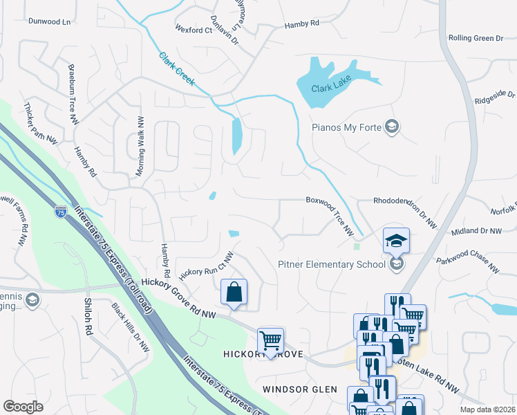map of restaurants, bars, coffee shops, grocery stores, and more near 1788 Boxwood Drive Northwest in Acworth