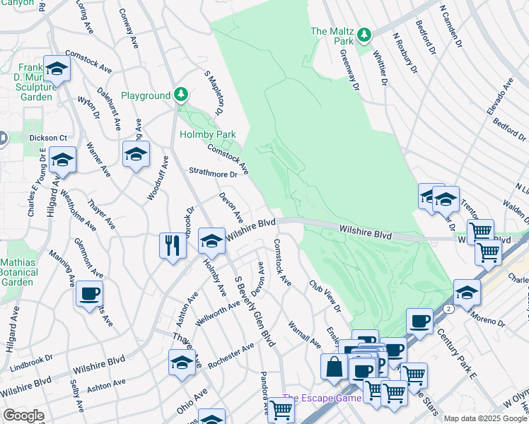 map of restaurants, bars, coffee shops, grocery stores, and more near 875 Comstock Avenue in Los Angeles
