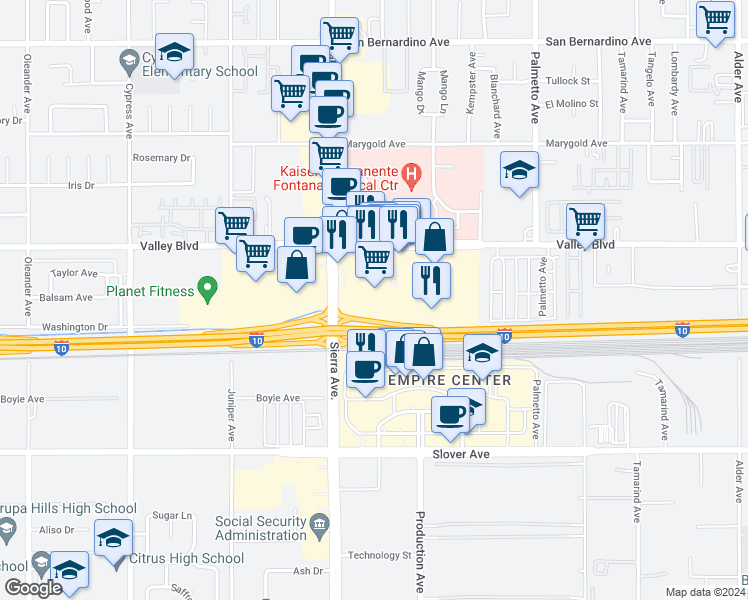 map of restaurants, bars, coffee shops, grocery stores, and more near 16991 Valley Boulevard in Fontana