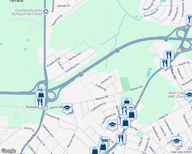 map of restaurants, bars, coffee shops, grocery stores, and more near 1009 Denton Drive in Columbia
