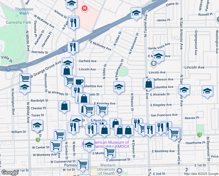 map of restaurants, bars, coffee shops, grocery stores, and more near 342 East Columbia Avenue in Pomona