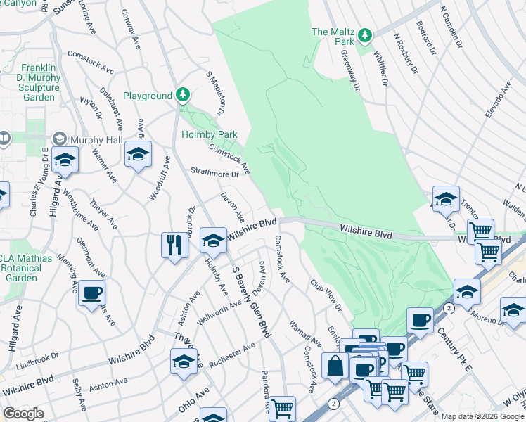 map of restaurants, bars, coffee shops, grocery stores, and more near 865 Comstock Avenue in Los Angeles