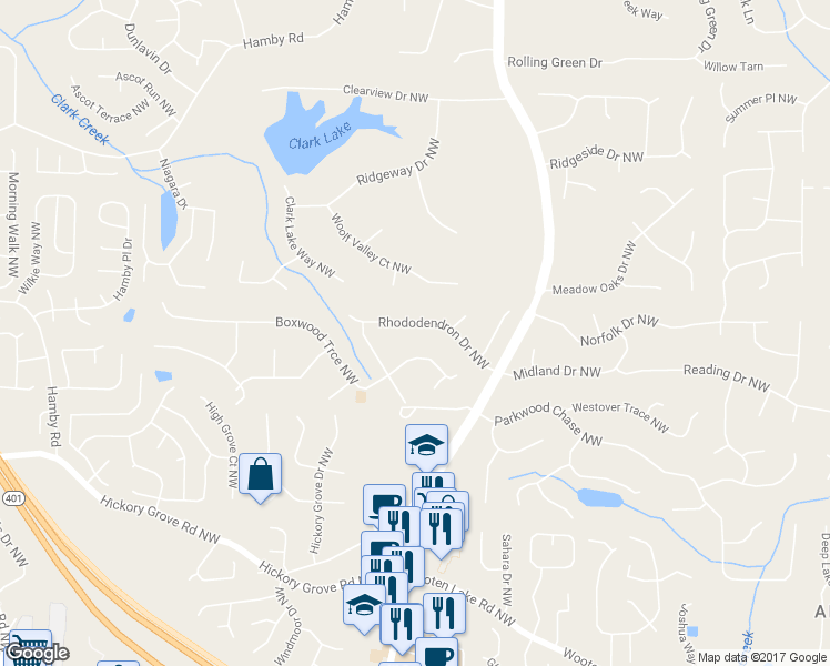 map of restaurants, bars, coffee shops, grocery stores, and more near 1431 Rhododendron Drive Northwest in Acworth