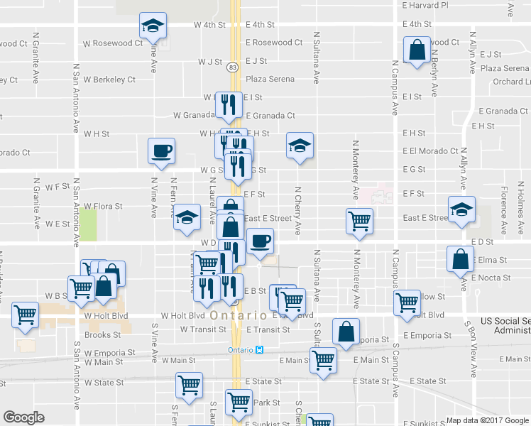 map of restaurants, bars, coffee shops, grocery stores, and more near in Ontario