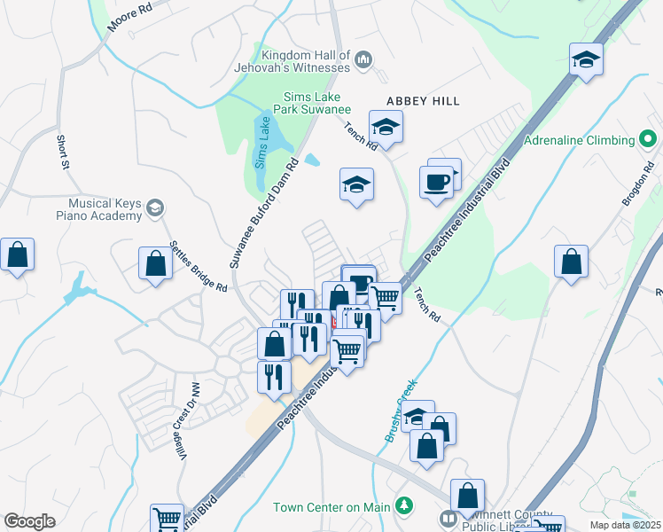 map of restaurants, bars, coffee shops, grocery stores, and more near 319 Barbados Lane in Suwanee