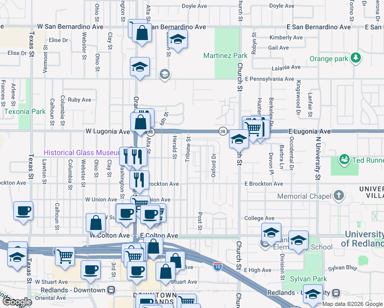 map of restaurants, bars, coffee shops, grocery stores, and more near 1210 Tribune Street in Redlands