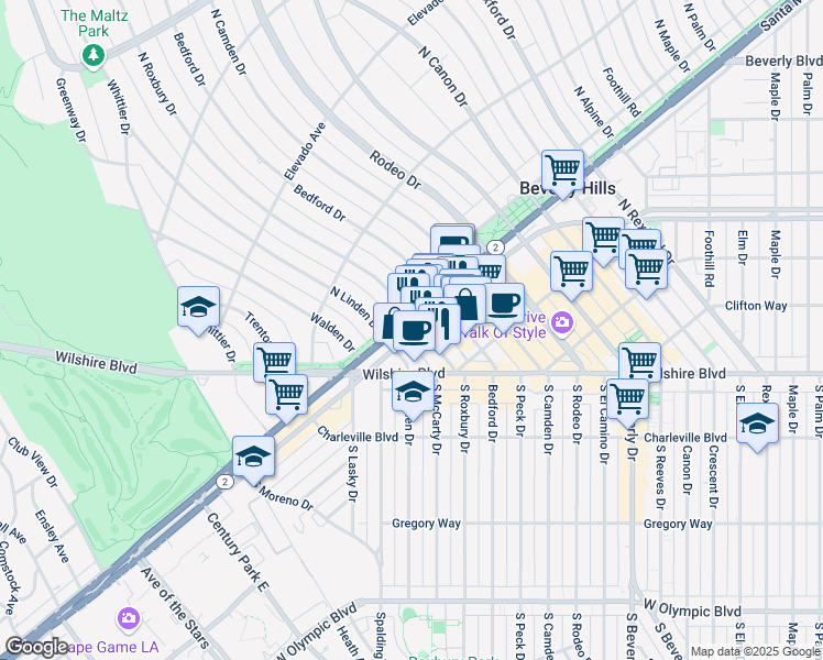 map of restaurants, bars, coffee shops, grocery stores, and more near 441 North Roxbury Drive in Beverly Hills