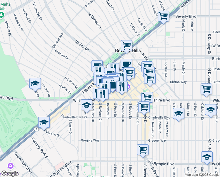 map of restaurants, bars, coffee shops, grocery stores, and more near 301 North Camden Drive in Beverly Hills