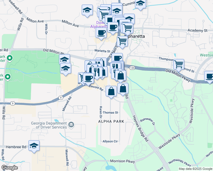 map of restaurants, bars, coffee shops, grocery stores, and more near 285 Karen Drive in Alpharetta