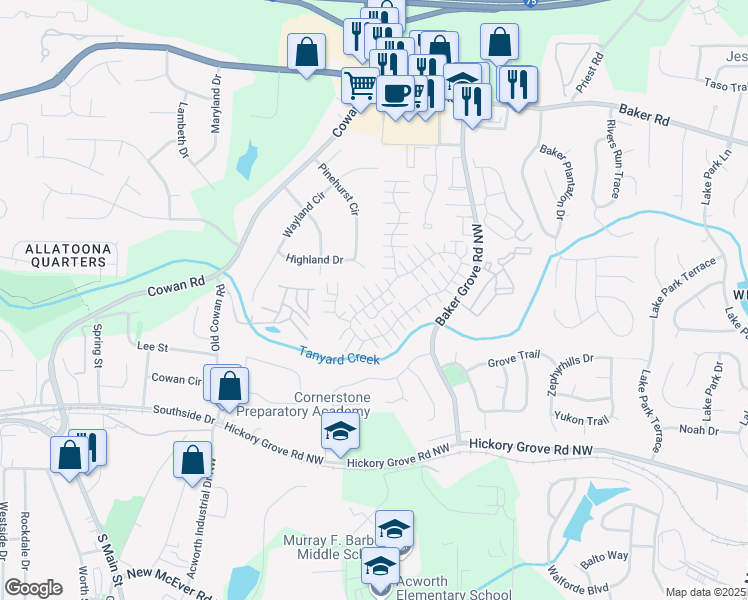 map of restaurants, bars, coffee shops, grocery stores, and more near 653 Windcroft Circle Northwest in Acworth