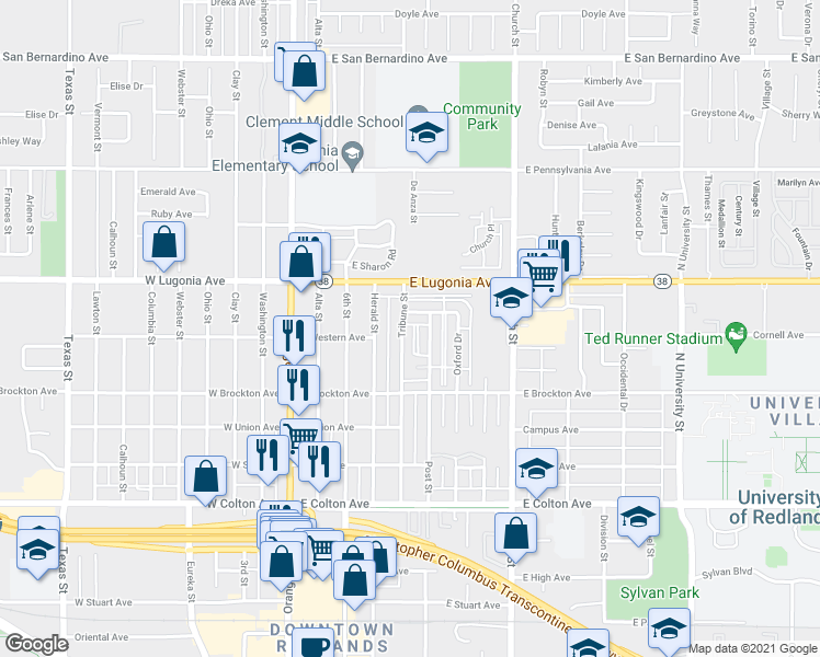 map of restaurants, bars, coffee shops, grocery stores, and more near 1155 Tribune Street in Redlands