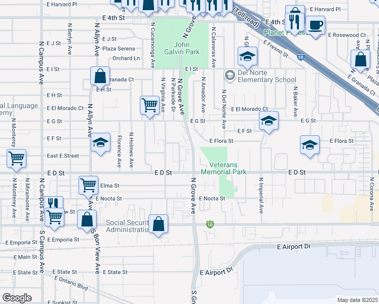 map of restaurants, bars, coffee shops, grocery stores, and more near 428 North Grove Avenue in Ontario