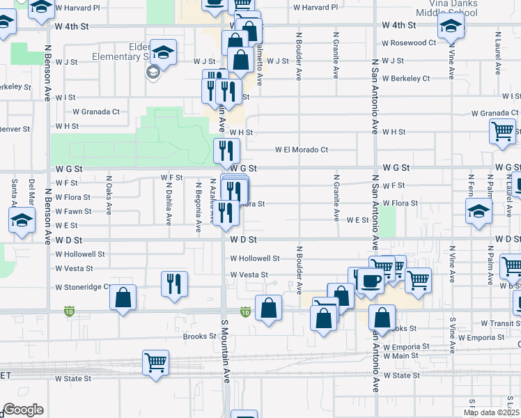 map of restaurants, bars, coffee shops, grocery stores, and more near 1006 West E Street in Ontario