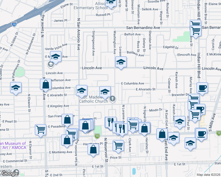 map of restaurants, bars, coffee shops, grocery stores, and more near 917 Washington Avenue in Pomona