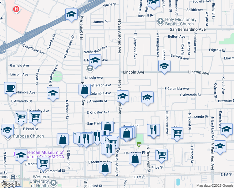 map of restaurants, bars, coffee shops, grocery stores, and more near 901 North San Antonio Avenue in Pomona