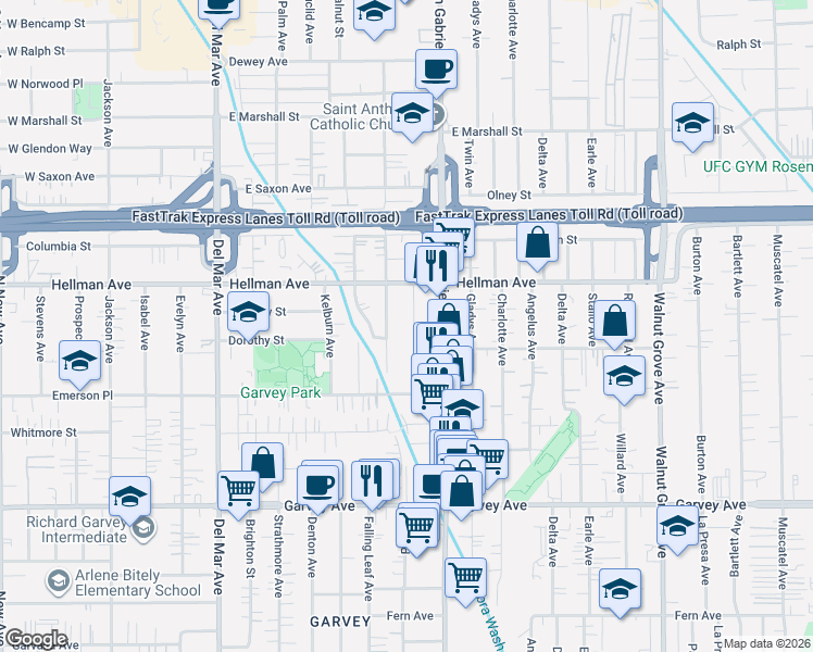 map of restaurants, bars, coffee shops, grocery stores, and more near 3261 Alanreed Avenue in Rosemead