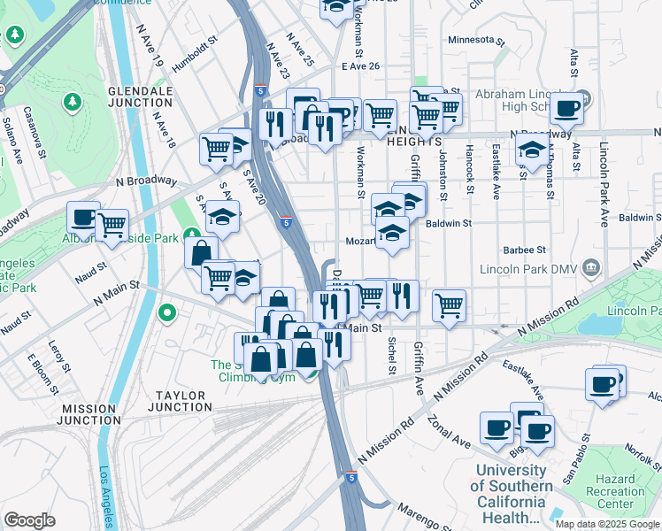 map of restaurants, bars, coffee shops, grocery stores, and more near 2011 Daly Street in Los Angeles