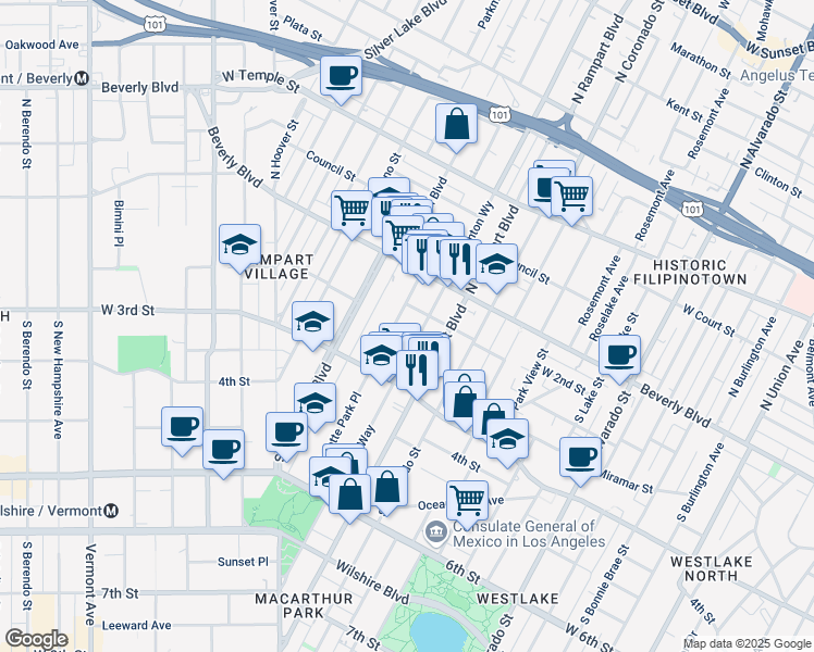 map of restaurants, bars, coffee shops, grocery stores, and more near 238 South La Fayette Park Place in Los Angeles