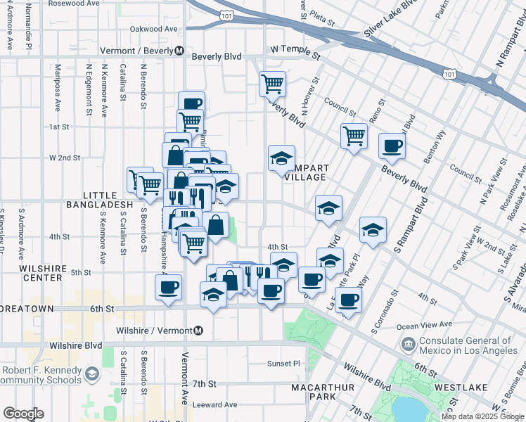 map of restaurants, bars, coffee shops, grocery stores, and more near 333 South Virgil Avenue in Los Angeles