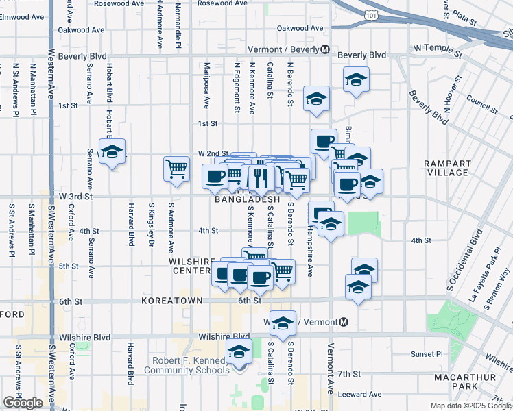 map of restaurants, bars, coffee shops, grocery stores, and more near 330 South Kenmore Avenue in Los Angeles