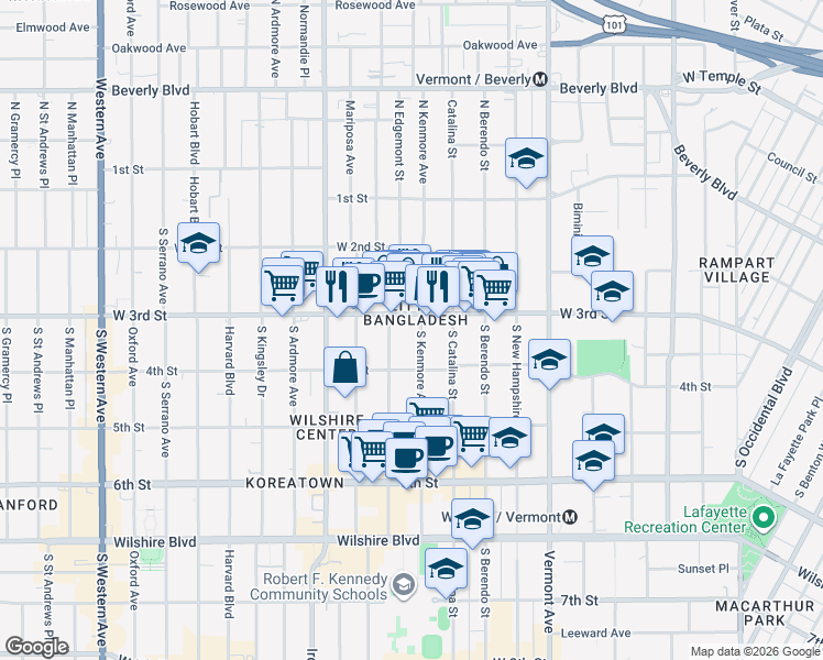 map of restaurants, bars, coffee shops, grocery stores, and more near 317 South Kenmore Avenue in Los Angeles