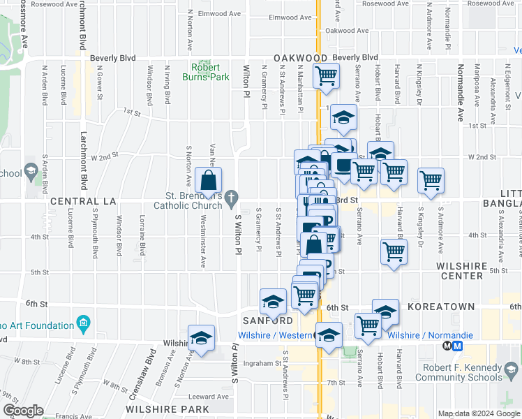 map of restaurants, bars, coffee shops, grocery stores, and more near 326 South Gramercy Place in Los Angeles