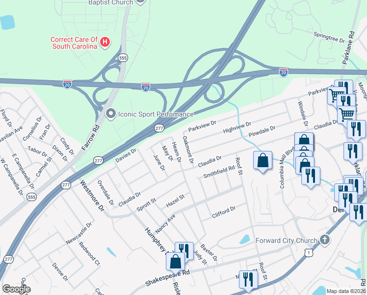 map of restaurants, bars, coffee shops, grocery stores, and more near 3906 Hearn Drive in Columbia