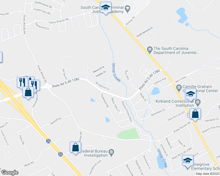 map of restaurants, bars, coffee shops, grocery stores, and more near 169 Springhaven Drive in Columbia
