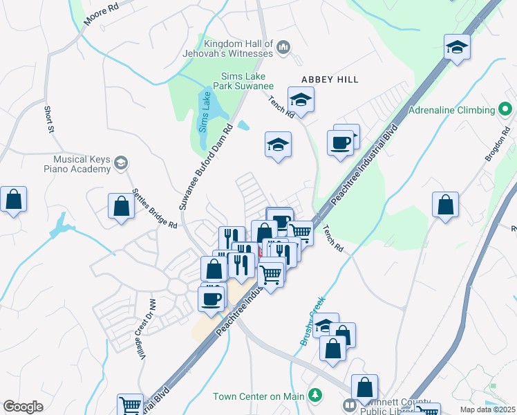 map of restaurants, bars, coffee shops, grocery stores, and more near 319 Barbados Lane in Suwanee