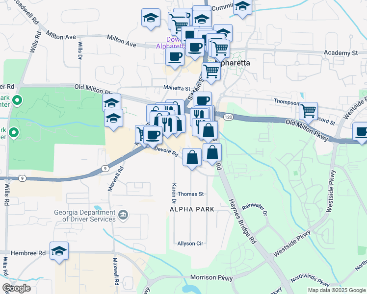 map of restaurants, bars, coffee shops, grocery stores, and more near 285 Karen Drive in Alpharetta