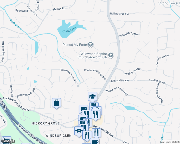 map of restaurants, bars, coffee shops, grocery stores, and more near 1431 Rhododendron Drive Northwest in Acworth