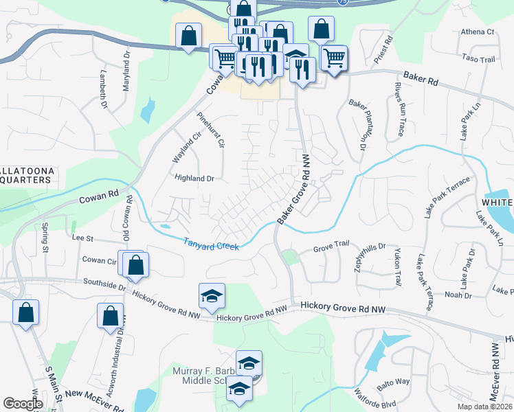 map of restaurants, bars, coffee shops, grocery stores, and more near 309 Windcroft Circle Northwest in Acworth
