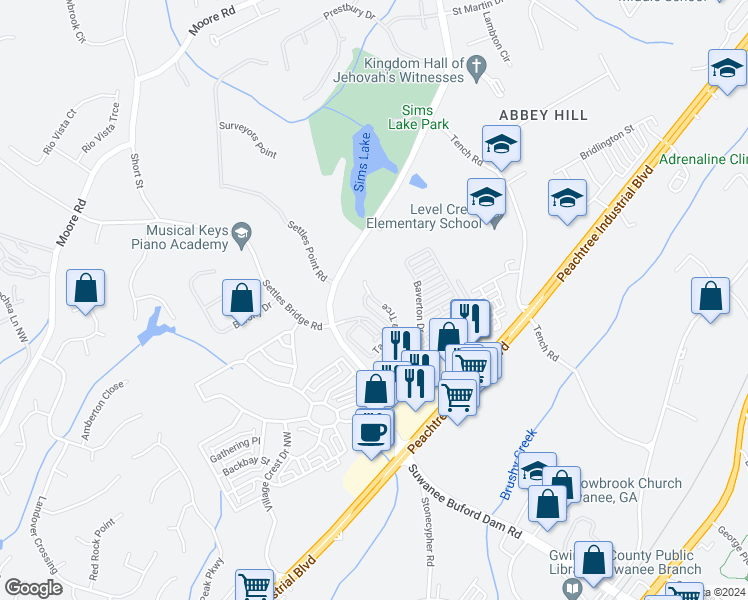 map of restaurants, bars, coffee shops, grocery stores, and more near 4313 Tacoma Trce in Suwanee