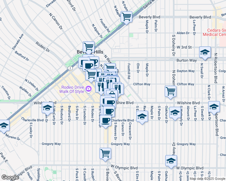 map of restaurants, bars, coffee shops, grocery stores, and more near 2421 Clifton Way in Beverly Hills