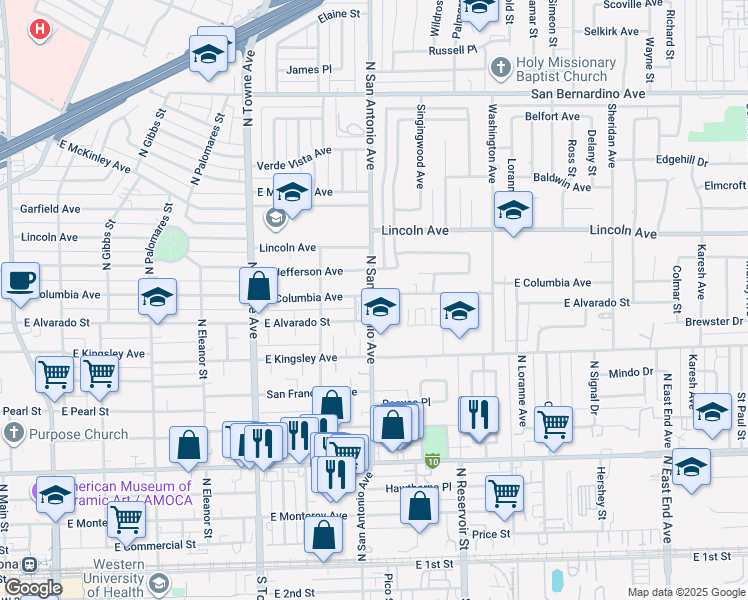 map of restaurants, bars, coffee shops, grocery stores, and more near 901 North San Antonio Avenue in Pomona