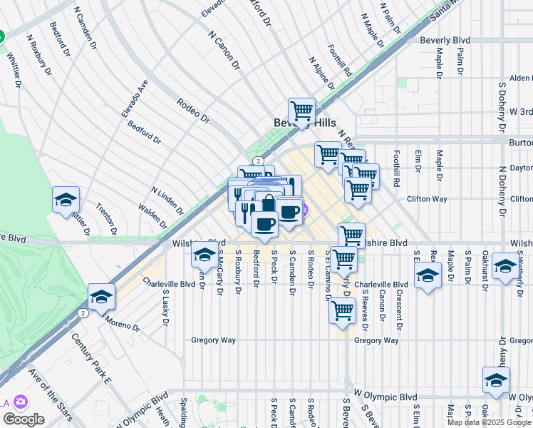map of restaurants, bars, coffee shops, grocery stores, and more near N Camden Dr & Brighton Way in Beverly Hills