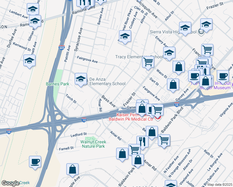 map of restaurants, bars, coffee shops, grocery stores, and more near 3143 Mangum Street in Baldwin Park