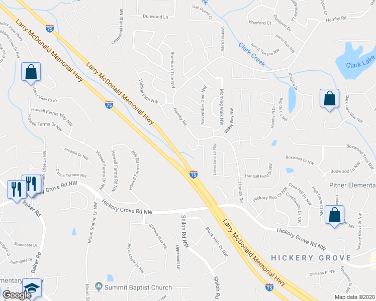 map of restaurants, bars, coffee shops, grocery stores, and more near 2121 Hamby Cove Drive Northwest in Acworth
