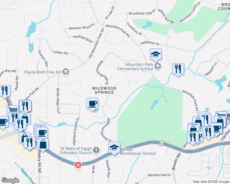 map of restaurants, bars, coffee shops, grocery stores, and more near 405 Holly Stream Trail in Roswell