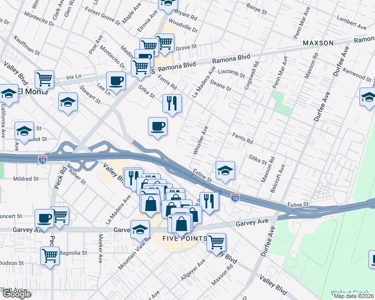 map of restaurants, bars, coffee shops, grocery stores, and more near 3433 Whistler Avenue in El Monte