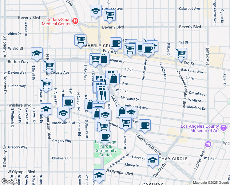 map of restaurants, bars, coffee shops, grocery stores, and more near 6686 Maryland Drive in Los Angeles