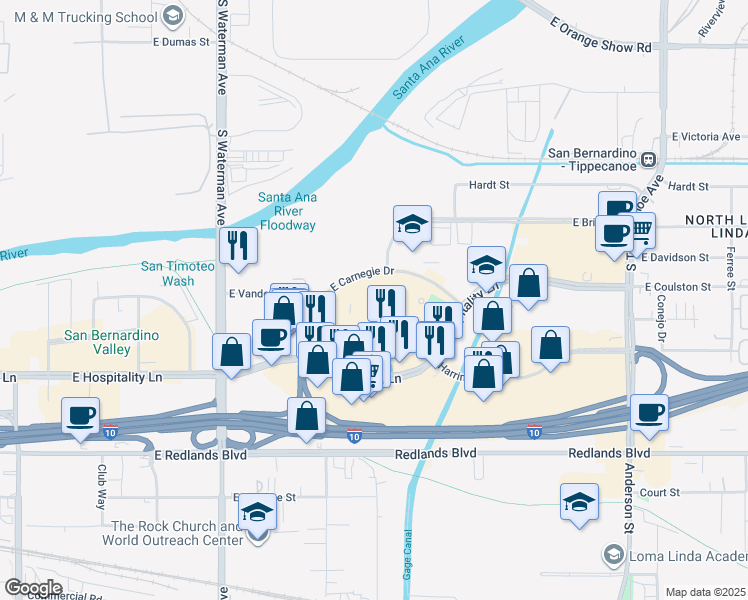 map of restaurants, bars, coffee shops, grocery stores, and more near 625 East Carnegie Drive in San Bernardino