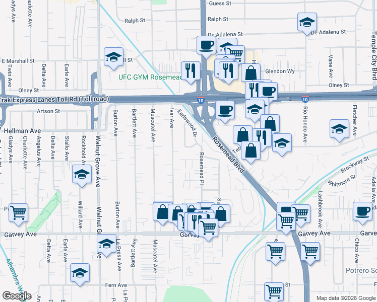 map of restaurants, bars, coffee shops, grocery stores, and more near 8951 Beatrice Place in Rosemead