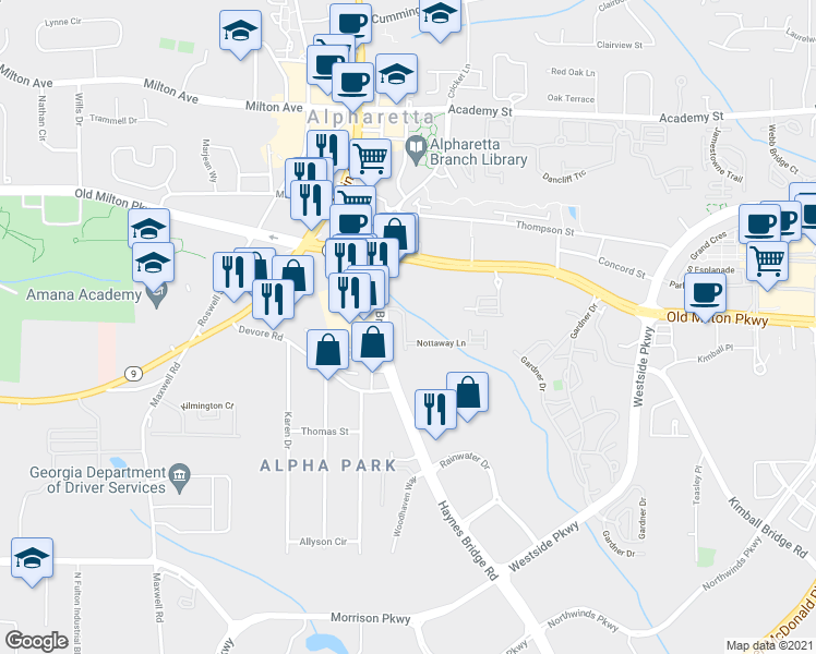 map of restaurants, bars, coffee shops, grocery stores, and more near 120 Nottaway Lane in Alpharetta