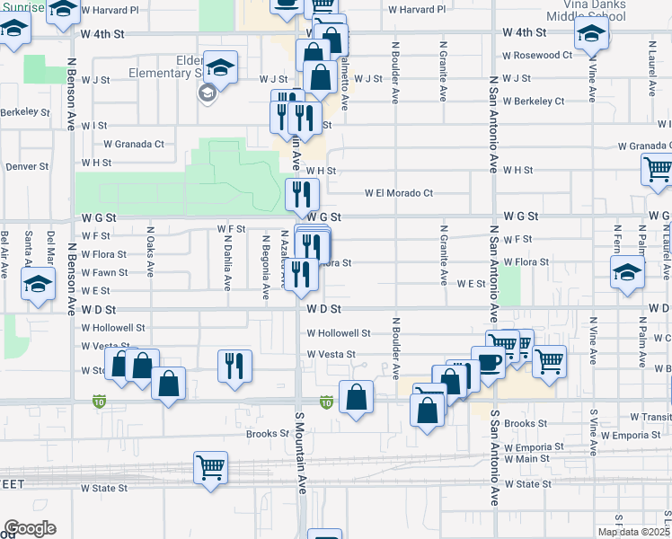 map of restaurants, bars, coffee shops, grocery stores, and more near 1015 West Flora Street in Ontario