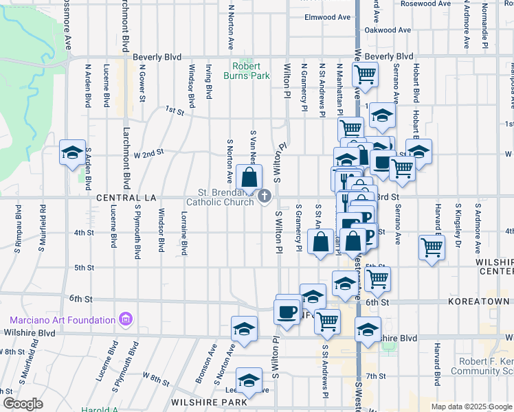 map of restaurants, bars, coffee shops, grocery stores, and more near 303 South Van Ness Avenue in Los Angeles